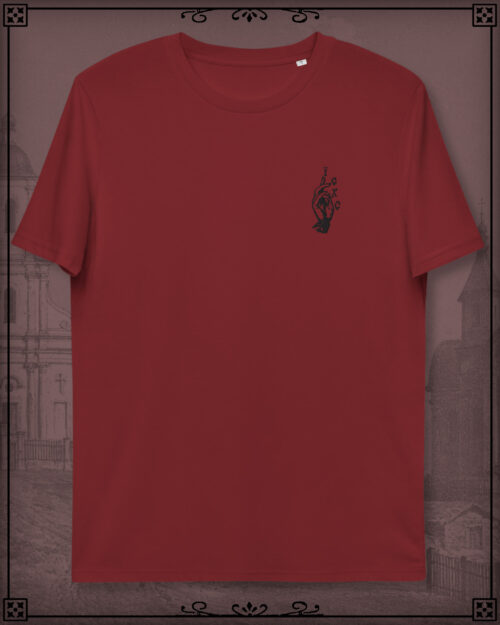 Red T-Shirt with and embroidery of the Benediction Hand reading IC XC.