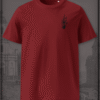 Burgundy T-Shirt with an embroidery of the Benediction Hand reading IC XC.