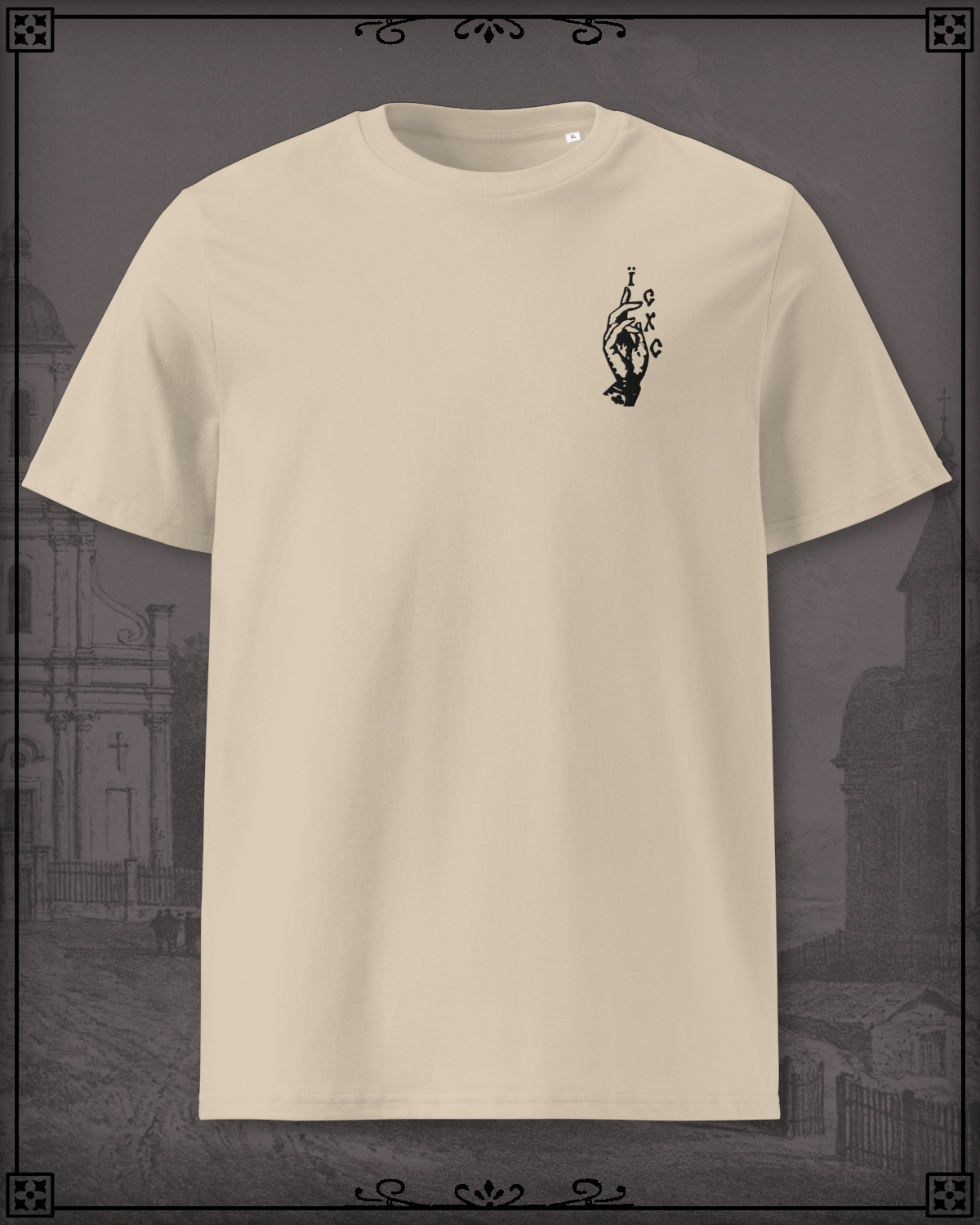 Desert T-Shirt with an embroidery of the Benediction Hand reading IC XC.