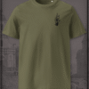 Khaki T-Shirt with an embroidery of the Benediction Hand reading IC XC.