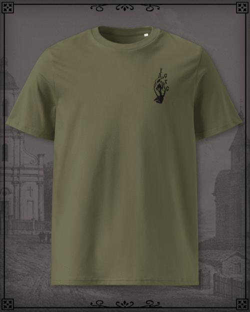Khaki T-Shirt with an embroidery of the Benediction Hand reading IC XC.