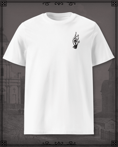 White T-Shirt with an embroidery of the Benediction Hand reading IC XC.