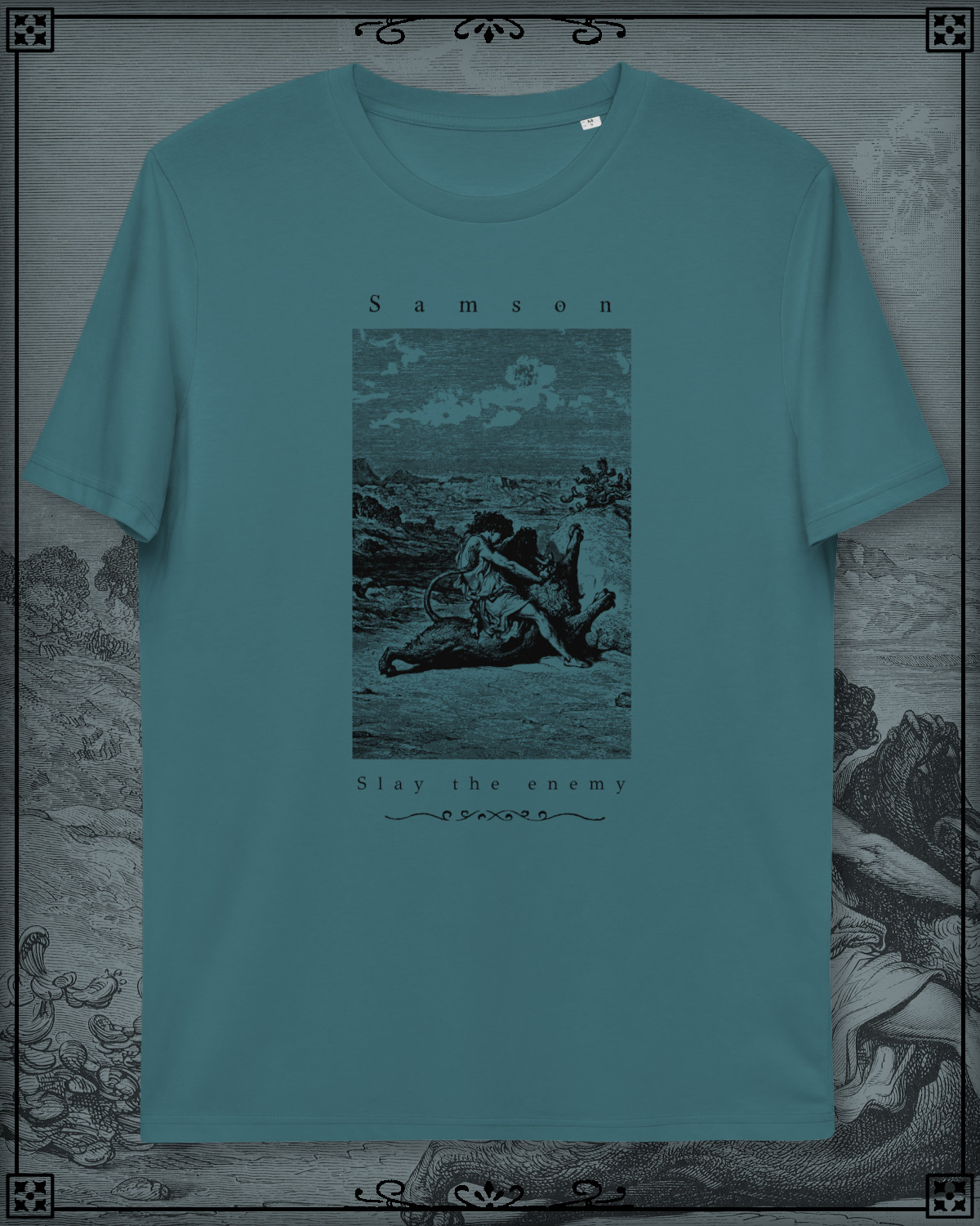 Blue T-Shirt of Samson slaying the Lion.
