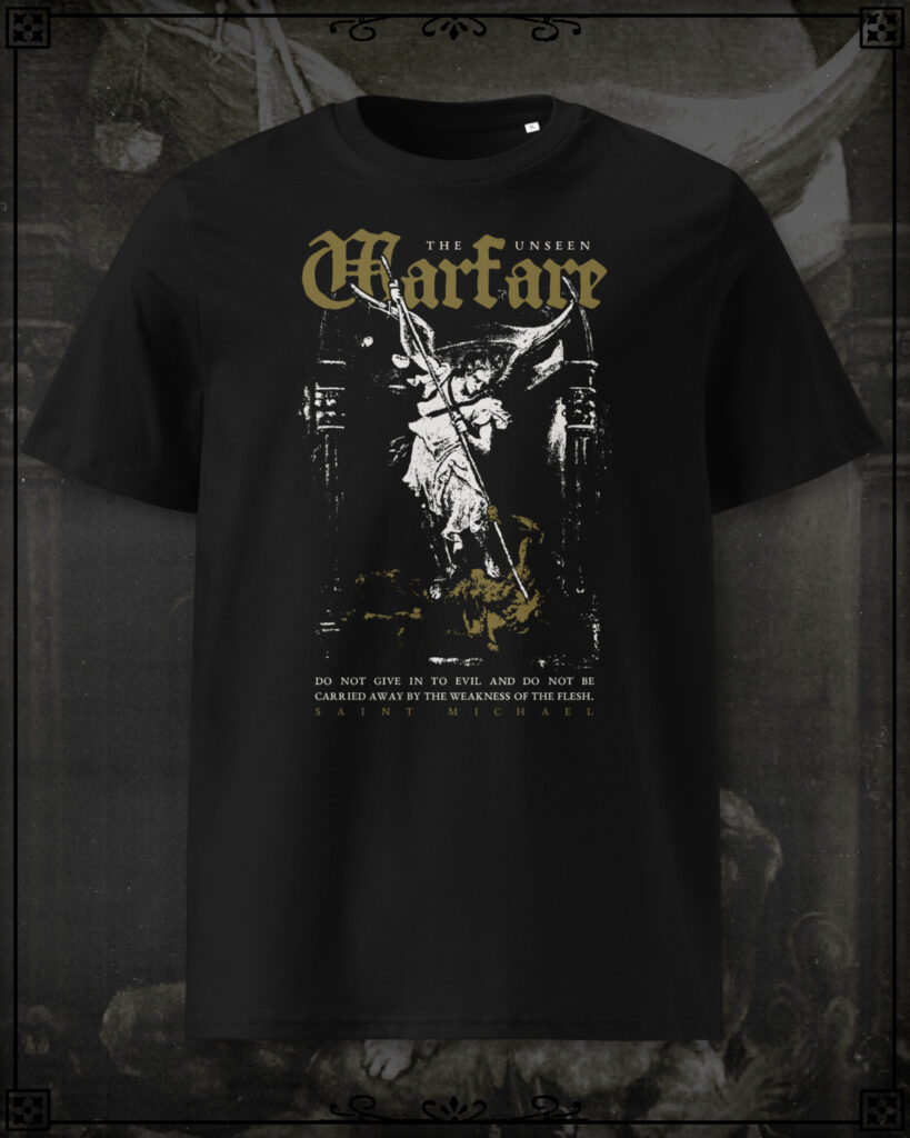 T-Shirt of the Archangel Saint Michael slaying Satan reading The Unseen Warfare in gold.
