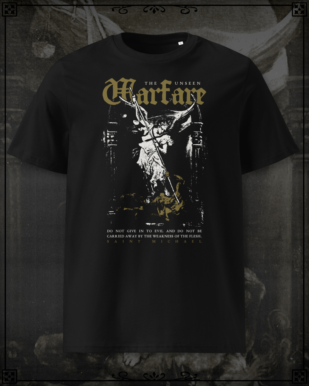 T-Shirt of the Archangel Saint Michael slaying Satan reading The Unseen Warfare in gold.