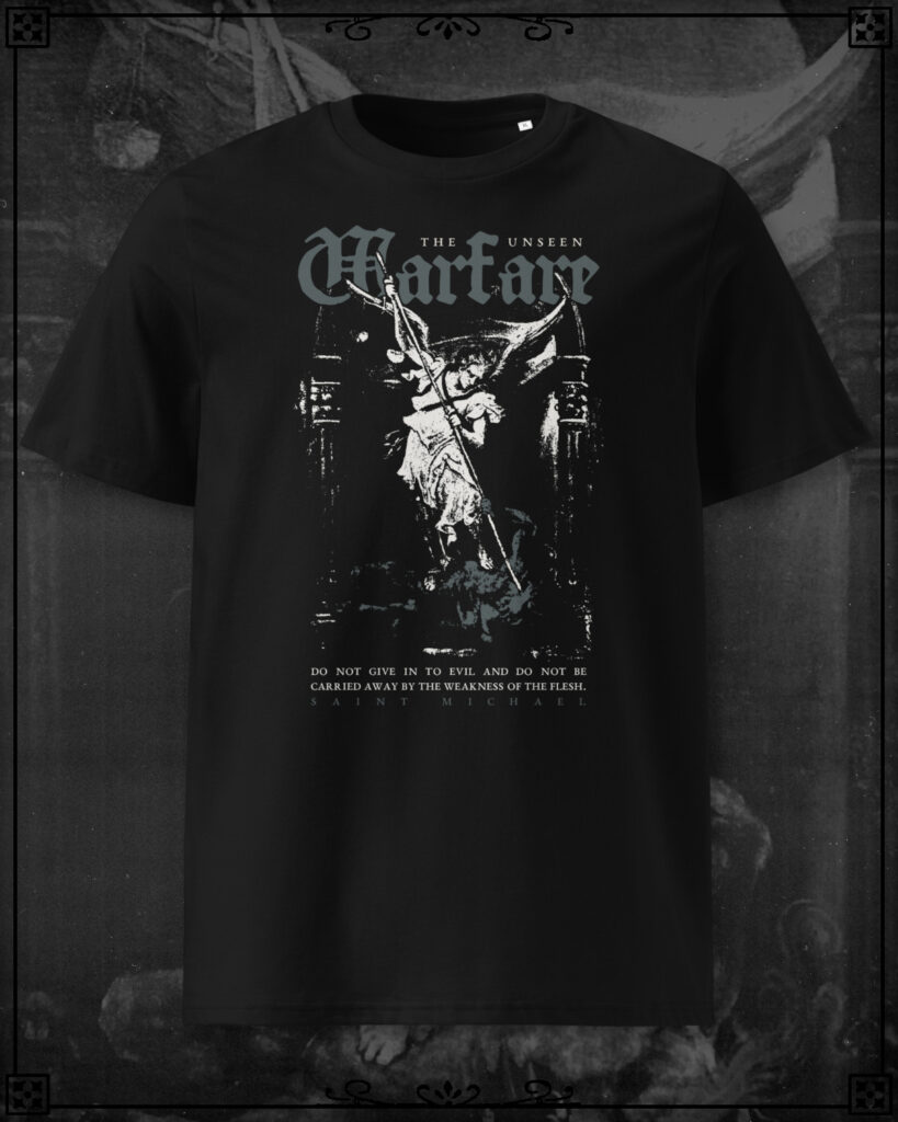 T-Shirt of the Archangel Saint Michael slaying Satan reading The Unseen Warfare in gray.