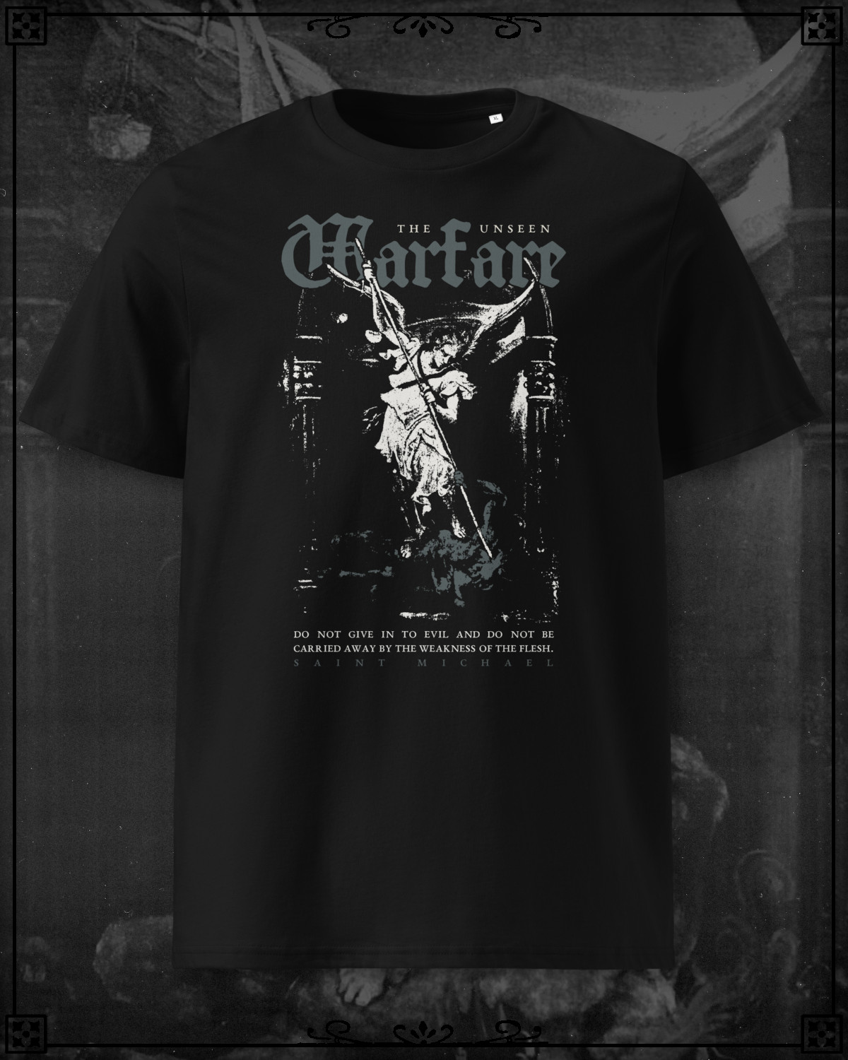 T-Shirt of the Archangel Saint Michael slaying Satan reading The Unseen Warfare in gray.