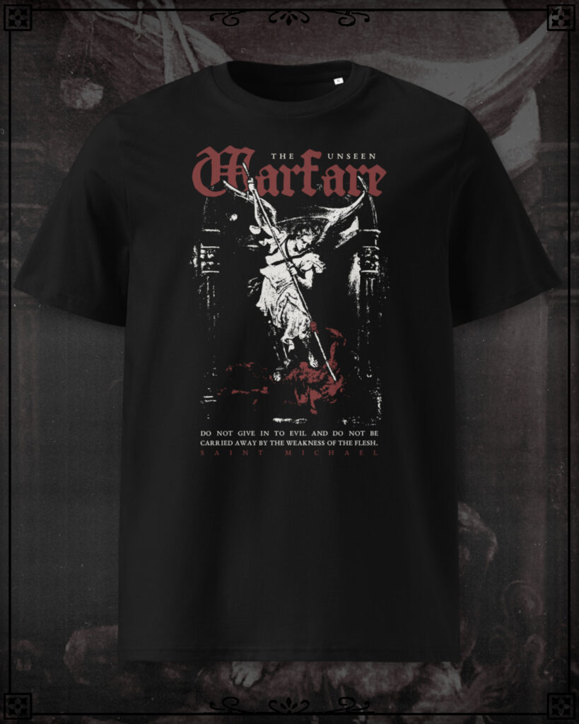 T-Shirt of the Archangel Saint Michael slaying Satan reading The Unseen Warfare in red.